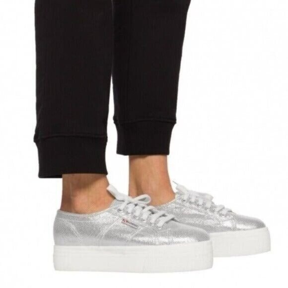 SUPERGA Metallic Silver Tone Platform Sneakers Size 9.5 NEW - Picture 1 of 10